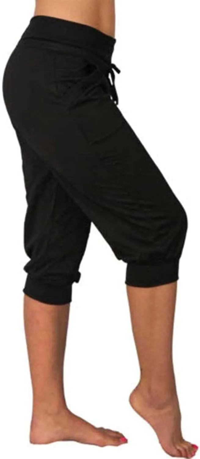 uSecee Womens Capri Sweatpants Drawstring Waist Cropped Yoga Joggers Casual Loose Lounge Pants Palazzo Trousers with Pockets