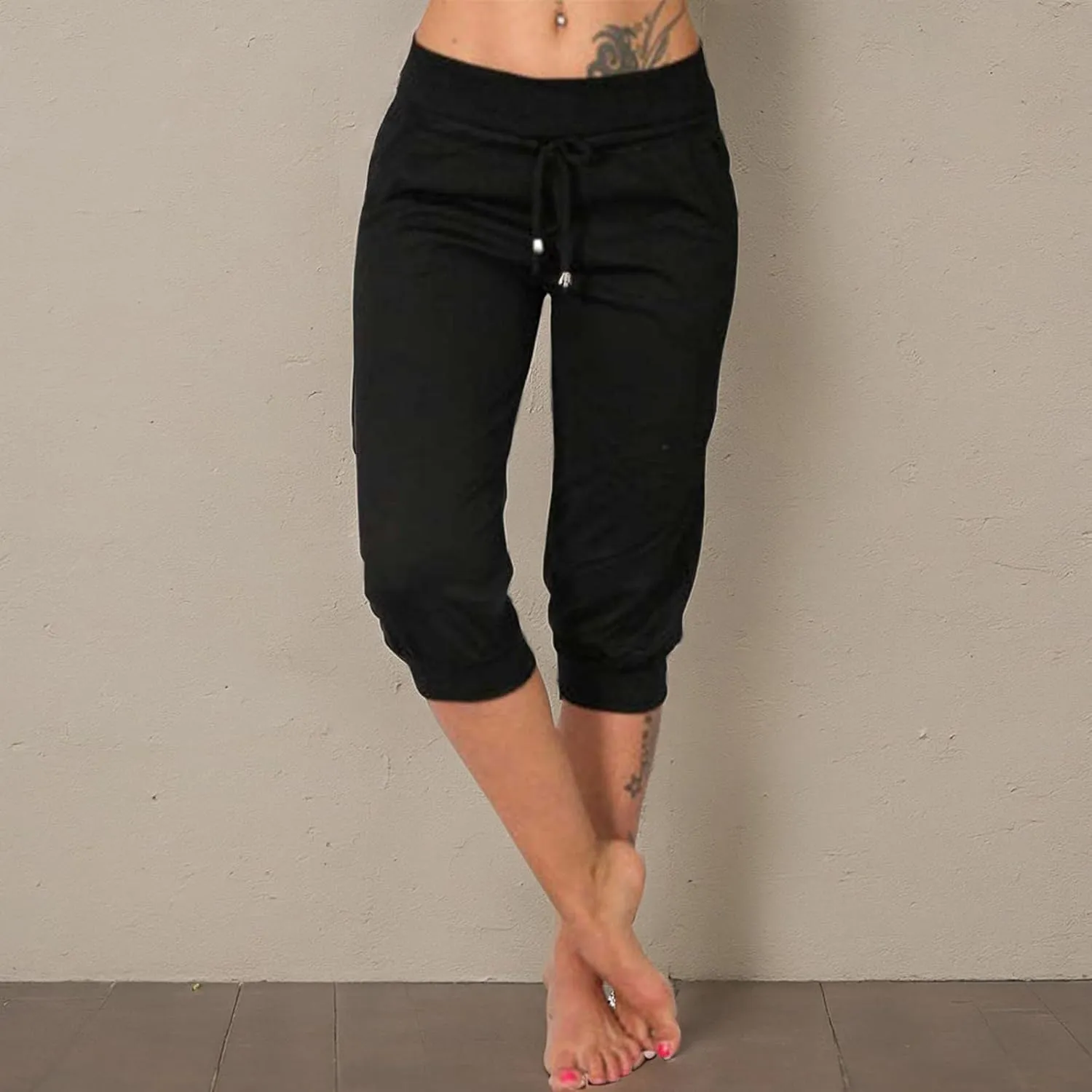uSecee Womens Capri Sweatpants Drawstring Waist Cropped Yoga Joggers Casual Loose Lounge Pants Palazzo Trousers with Pockets