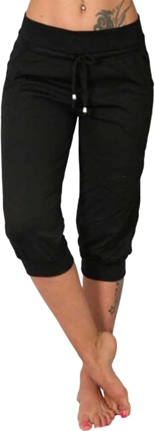 uSecee Womens Capri Sweatpants Drawstring Waist Cropped Yoga Joggers Casual Loose Lounge Pants Palazzo Trousers with Pockets