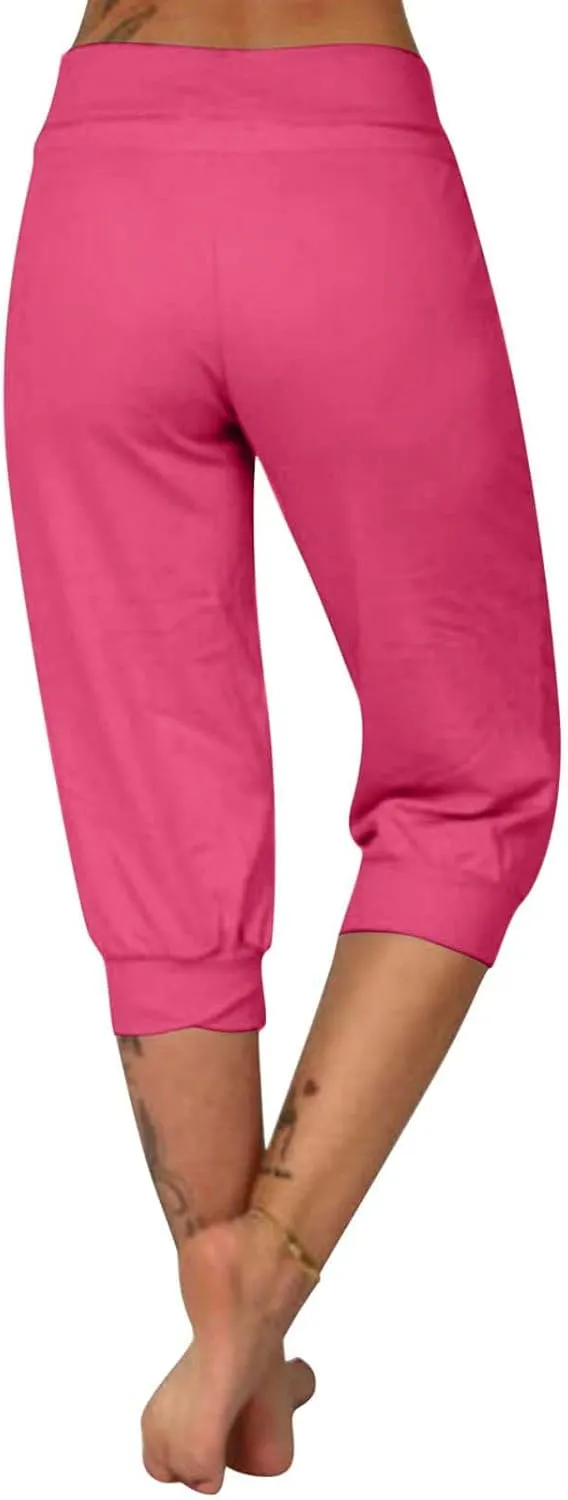 uSecee Womens Capri Sweatpants Drawstring Waist Cropped Yoga Joggers Casual Loose Lounge Pants Palazzo Trousers with Pockets