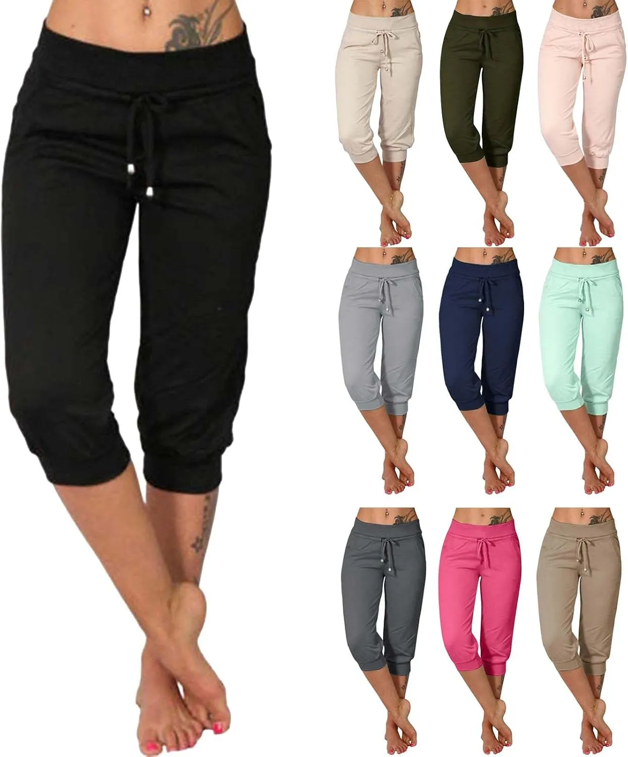 uSecee Womens Capri Sweatpants Drawstring Waist Cropped Yoga Joggers Casual Loose Lounge Pants Palazzo Trousers with Pockets