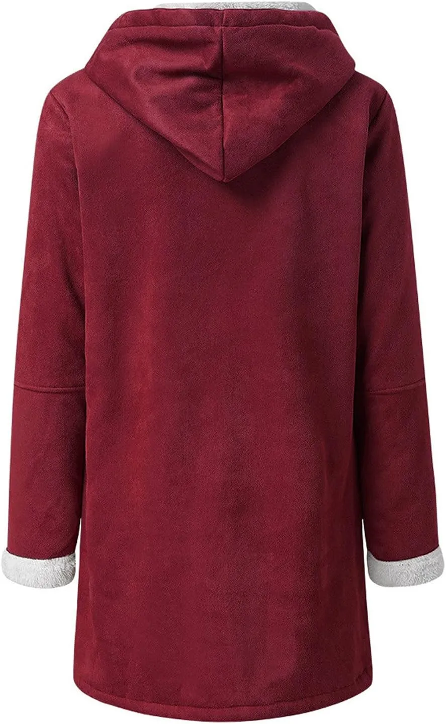 Warm Jackets for Women,Womens Winter Trench Coats Zip Up Breasted Long Sleeve Hooded Fleece Jacket Fuzzy Pea Coat