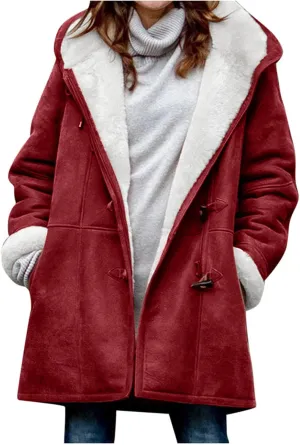Warm Jackets for Women,Womens Winter Trench Coats Zip Up Breasted Long Sleeve Hooded Fleece Jacket Fuzzy Pea Coat