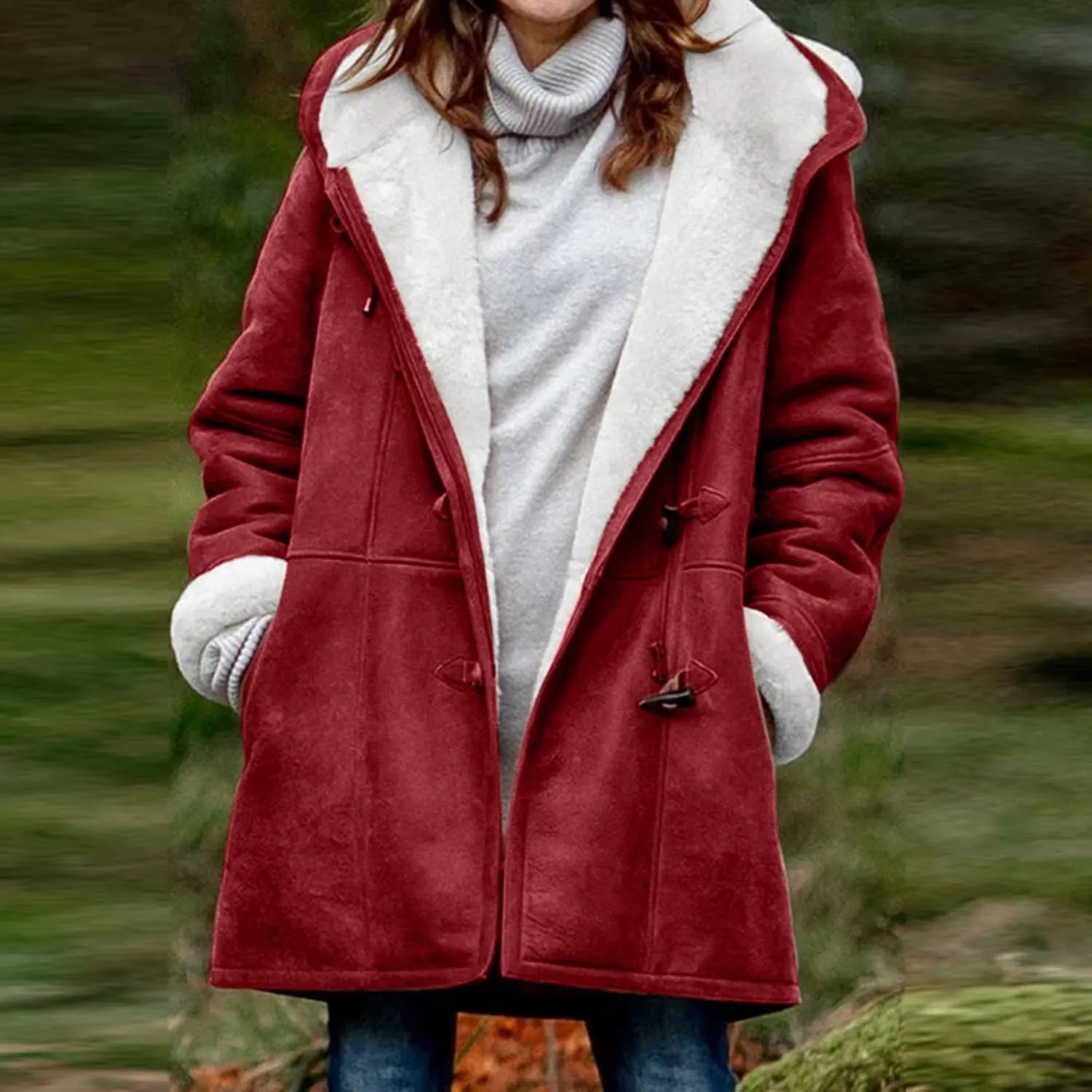 Warm Jackets for Women,Womens Winter Trench Coats Zip Up Breasted Long Sleeve Hooded Fleece Jacket Fuzzy Pea Coat