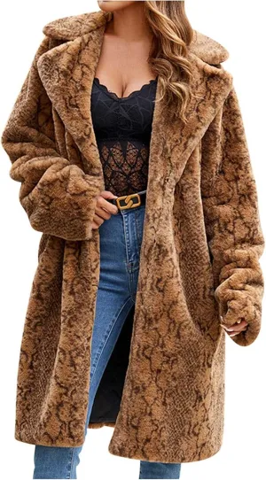 Winter Coats for Women Long Faux Fur Cardigan Leopard Print Fuzzy Jacket Fleece Trench Coat Elegant Cardigan Coat