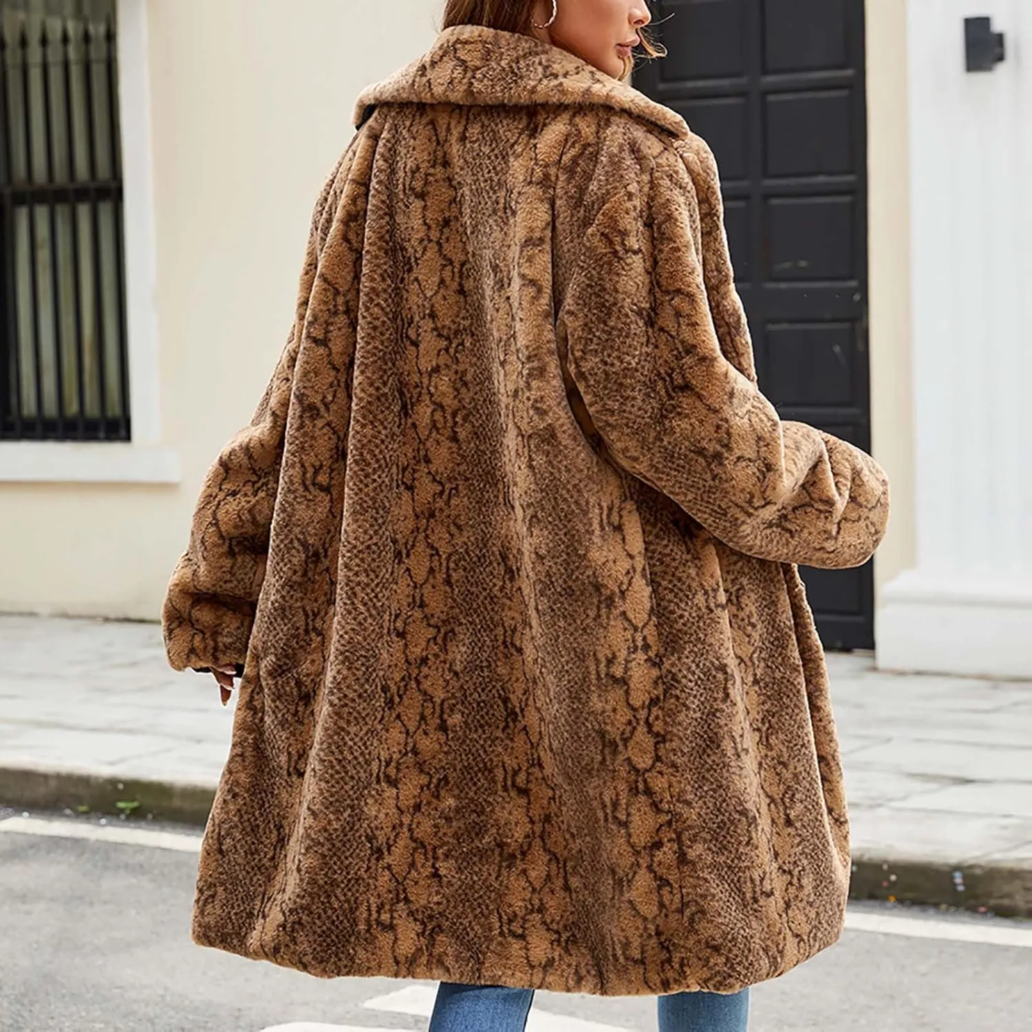 Winter Coats for Women Long Faux Fur Cardigan Leopard Print Fuzzy Jacket Fleece Trench Coat Elegant Cardigan Coat