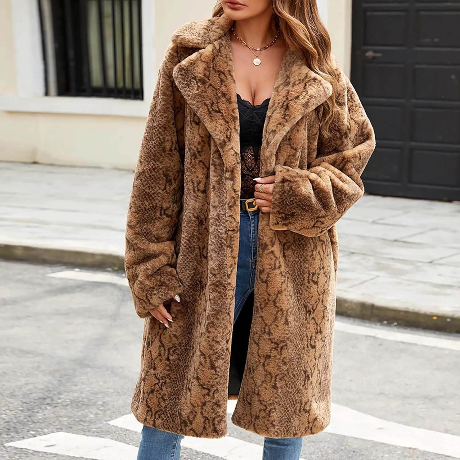 Winter Coats for Women Long Faux Fur Cardigan Leopard Print Fuzzy Jacket Fleece Trench Coat Elegant Cardigan Coat