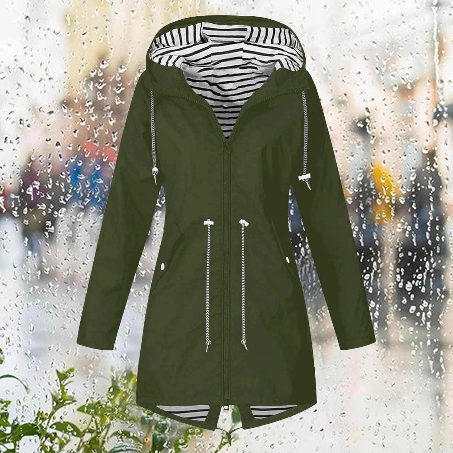 Wkishenl Rain Jacket Women Travel Waterproof Long Rain Coats Lightweight Hooded Windbreaker Trench Coats for Outdoor