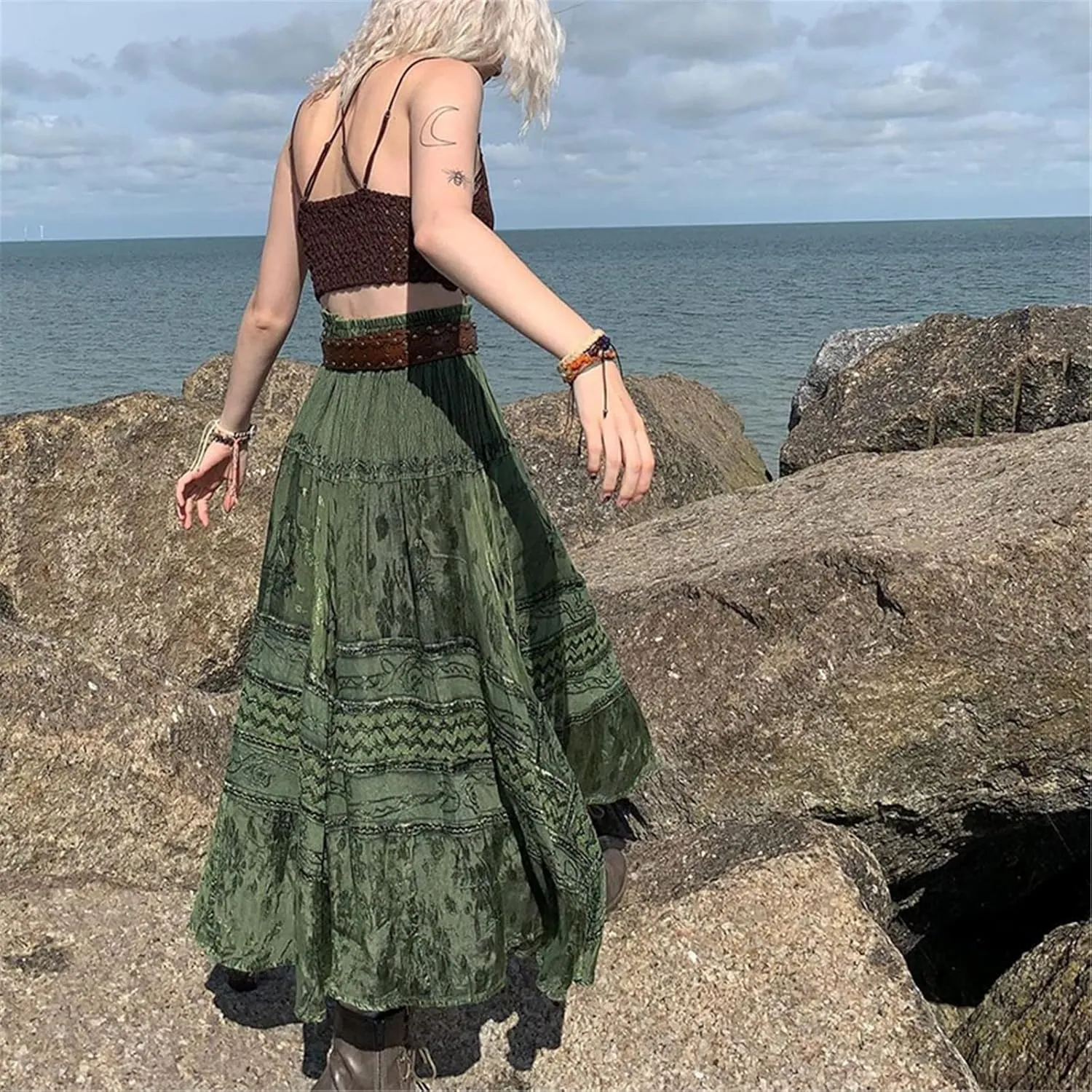Women A Line Midi Skirt Aesthetics Printing High Waist Long Skirt Vintage Casual Maxi Skirts Grunge Streetwear