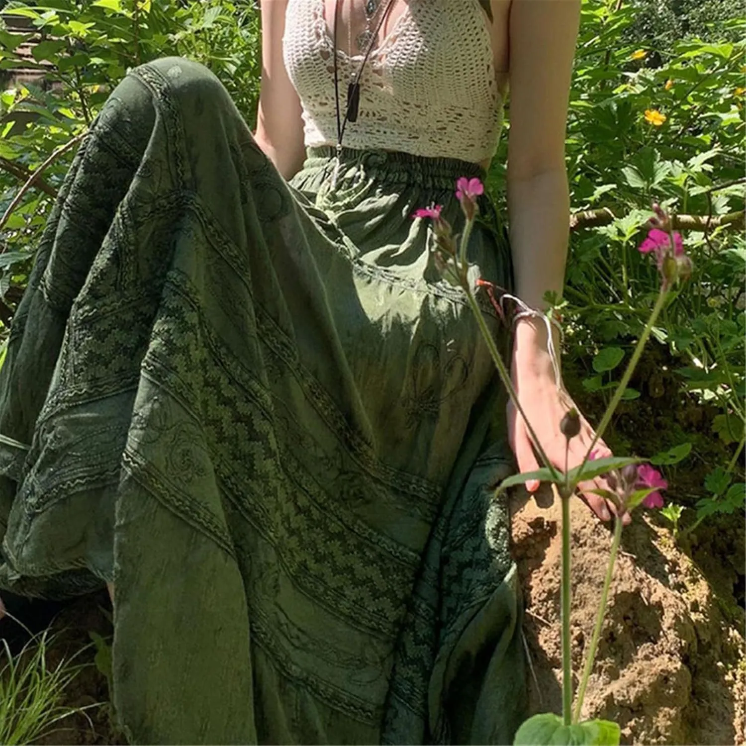Women A Line Midi Skirt Aesthetics Printing High Waist Long Skirt Vintage Casual Maxi Skirts Grunge Streetwear