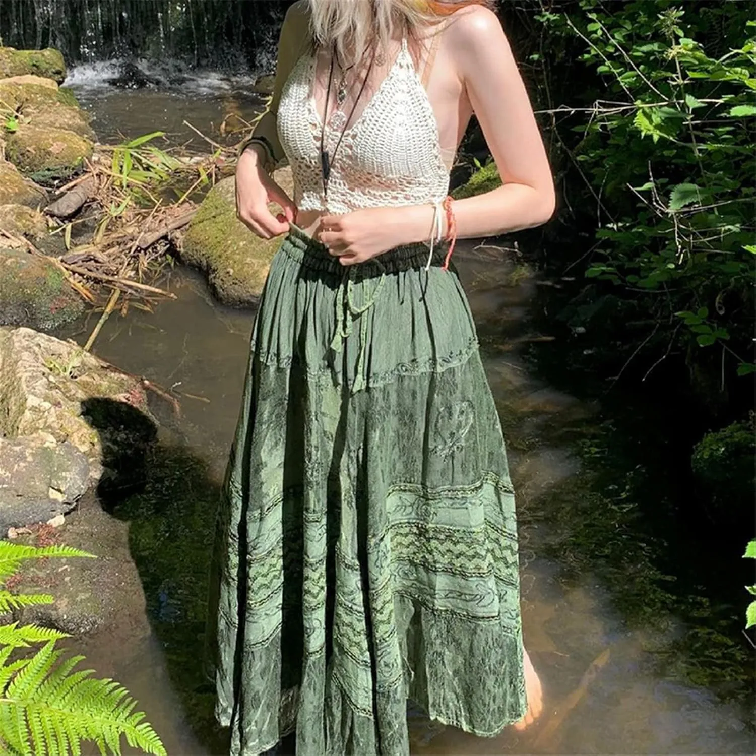 Women A Line Midi Skirt Aesthetics Printing High Waist Long Skirt Vintage Casual Maxi Skirts Grunge Streetwear