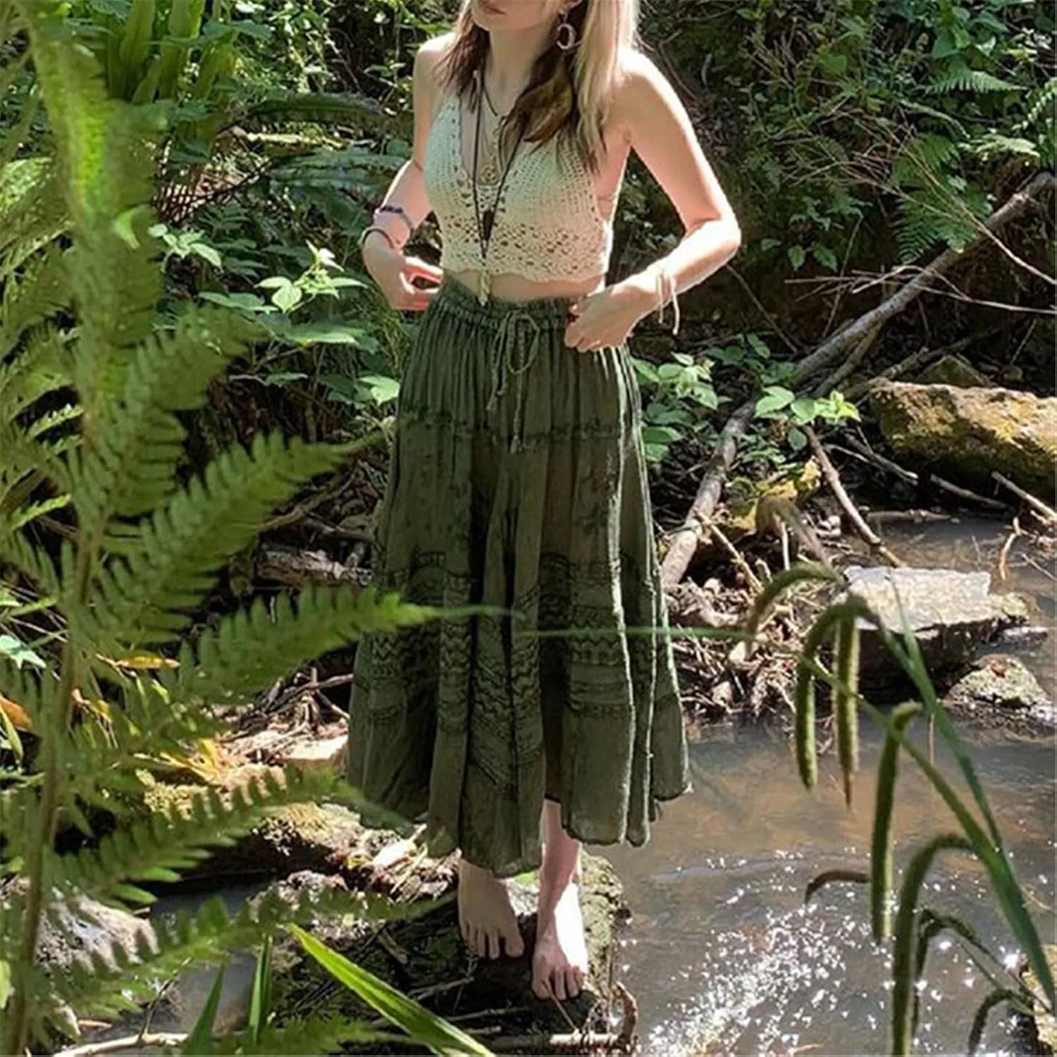 Women A Line Midi Skirt Aesthetics Printing High Waist Long Skirt Vintage Casual Maxi Skirts Grunge Streetwear