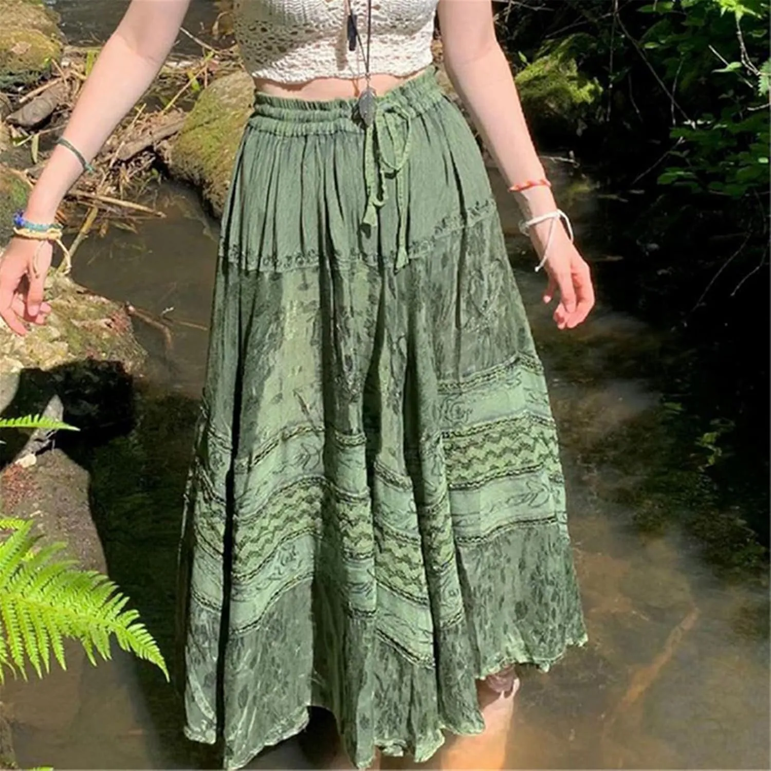 Women A Line Midi Skirt Aesthetics Printing High Waist Long Skirt Vintage Casual Maxi Skirts Grunge Streetwear