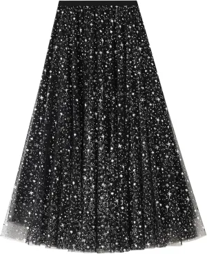 Women a Line Tulle Skirt Elastic Waist Layered Ruffle Midi Skirt Star Print Pleated Skirt Concert Skirt