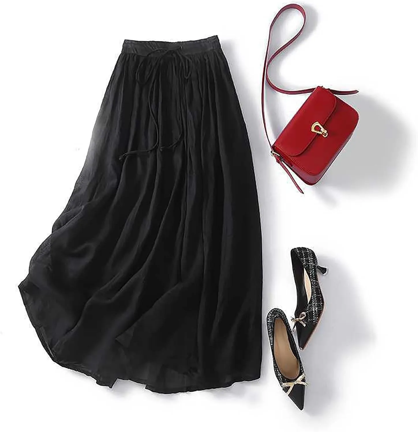 Women Casual Cotton Linen Skirts Baggy Frill Tie Waist A-Line Midi Skirt Summer Fashion Going Out Daily Skirts