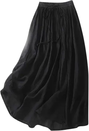 Women Casual Cotton Linen Skirts Baggy Frill Tie Waist A-Line Midi Skirt Summer Fashion Going Out Daily Skirts