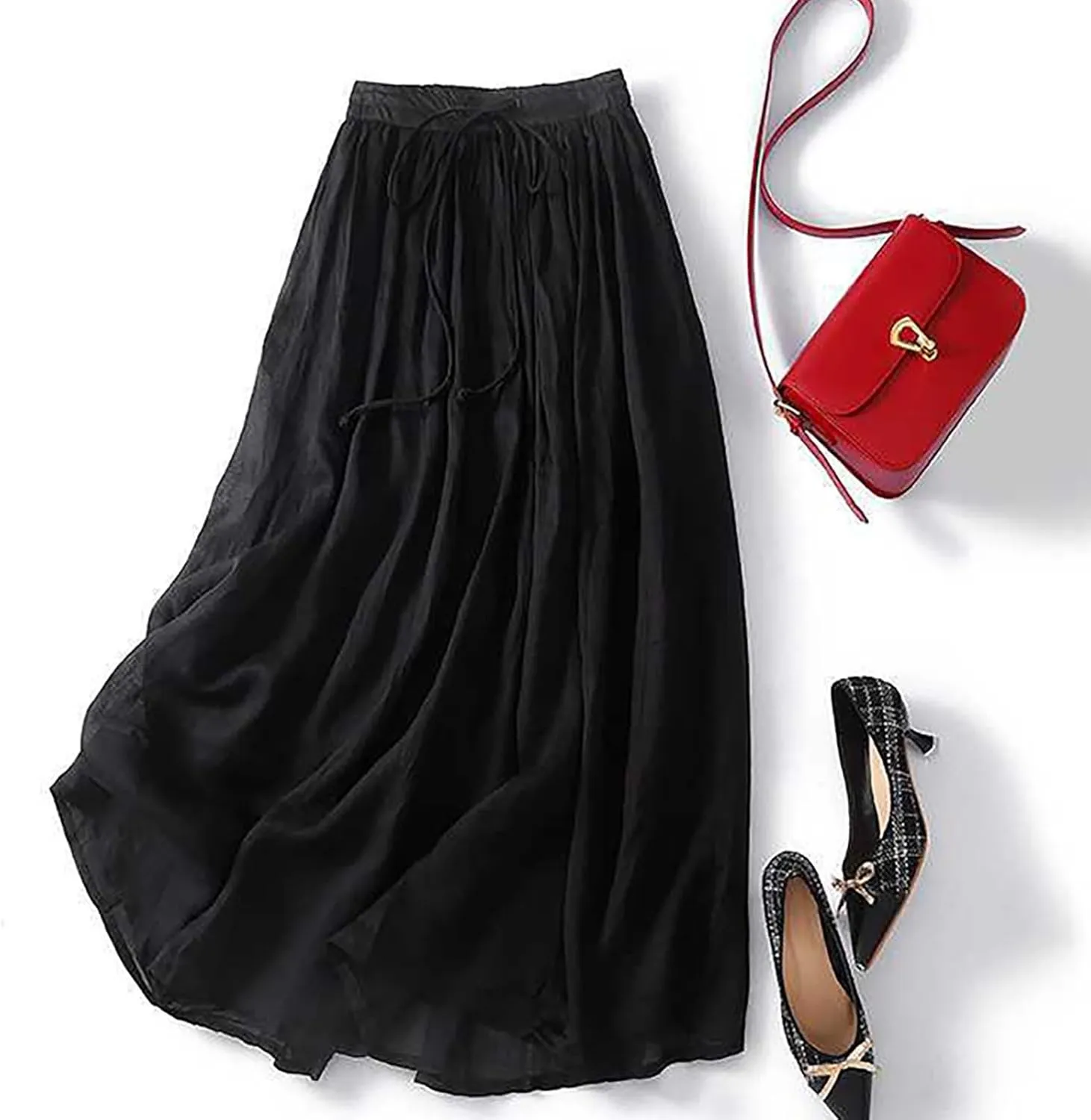 Women Casual Cotton Linen Skirts Baggy Frill Tie Waist A-Line Midi Skirt Summer Fashion Going Out Daily Skirts