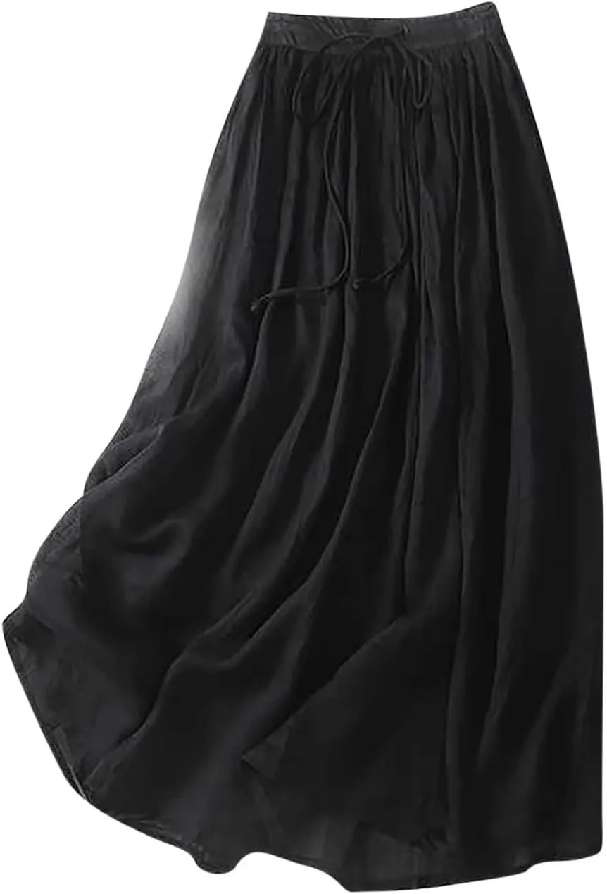 Women Casual Cotton Linen Skirts Baggy Frill Tie Waist A-Line Midi Skirt Summer Fashion Going Out Daily Skirts