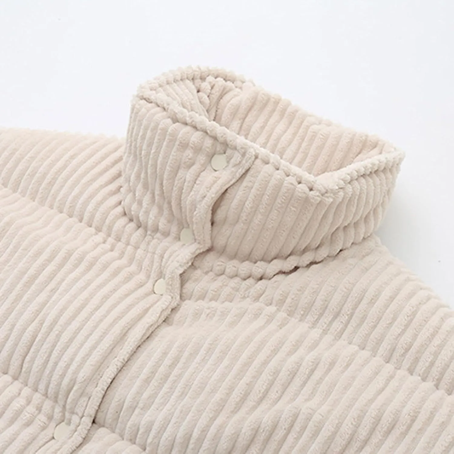 Women Corduroy Puffer Jacket Full-Zip Stand Collar Short Padded Coat 2024 Winter Warm Thicken Long Sleeve Down Jacket