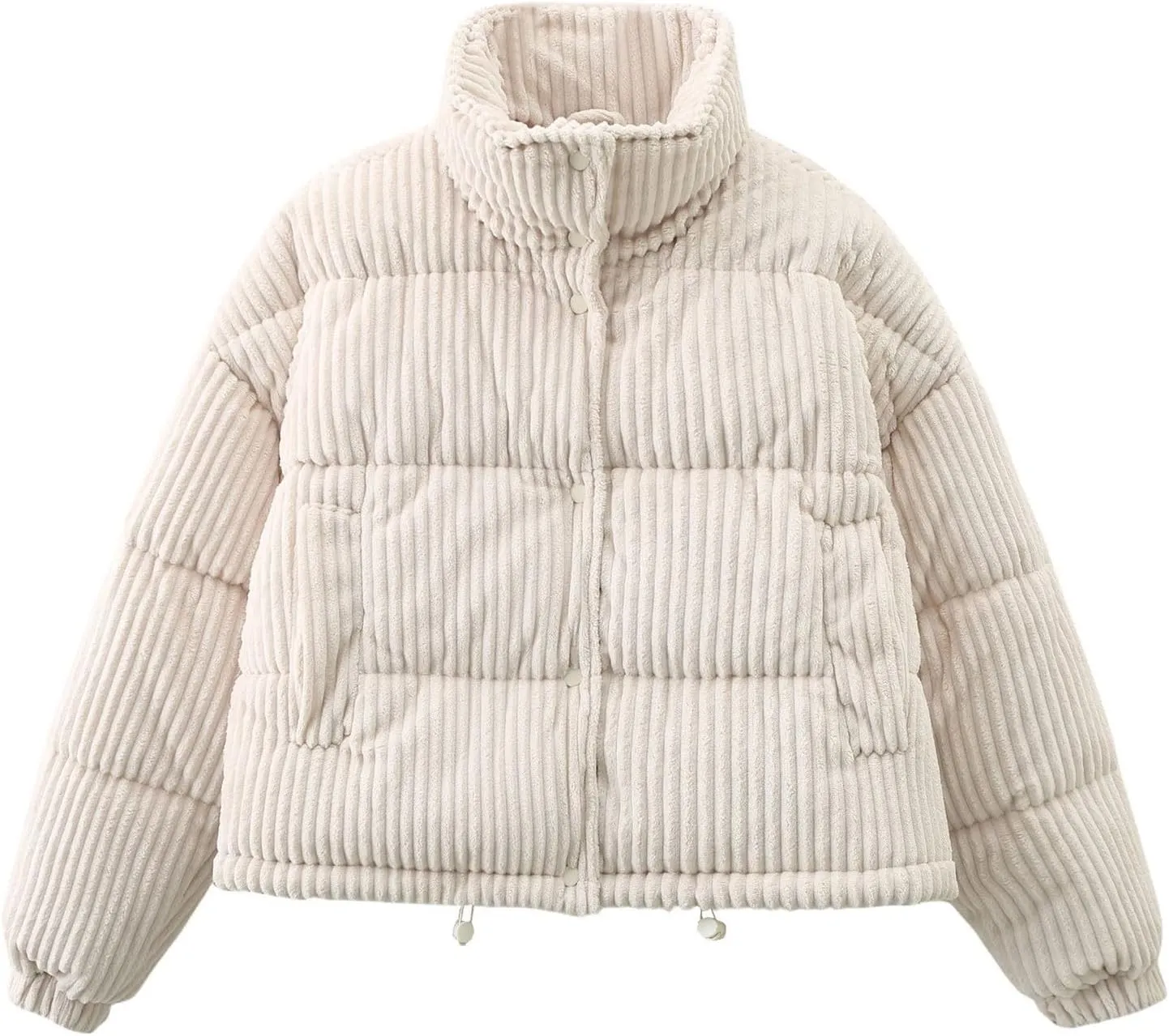 Women Corduroy Puffer Jacket Full-Zip Stand Collar Short Padded Coat 2024 Winter Warm Thicken Long Sleeve Down Jacket