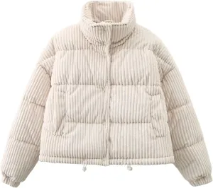Women Corduroy Puffer Jacket Full-Zip Stand Collar Short Padded Coat 2024 Winter Warm Thicken Long Sleeve Down Jacket