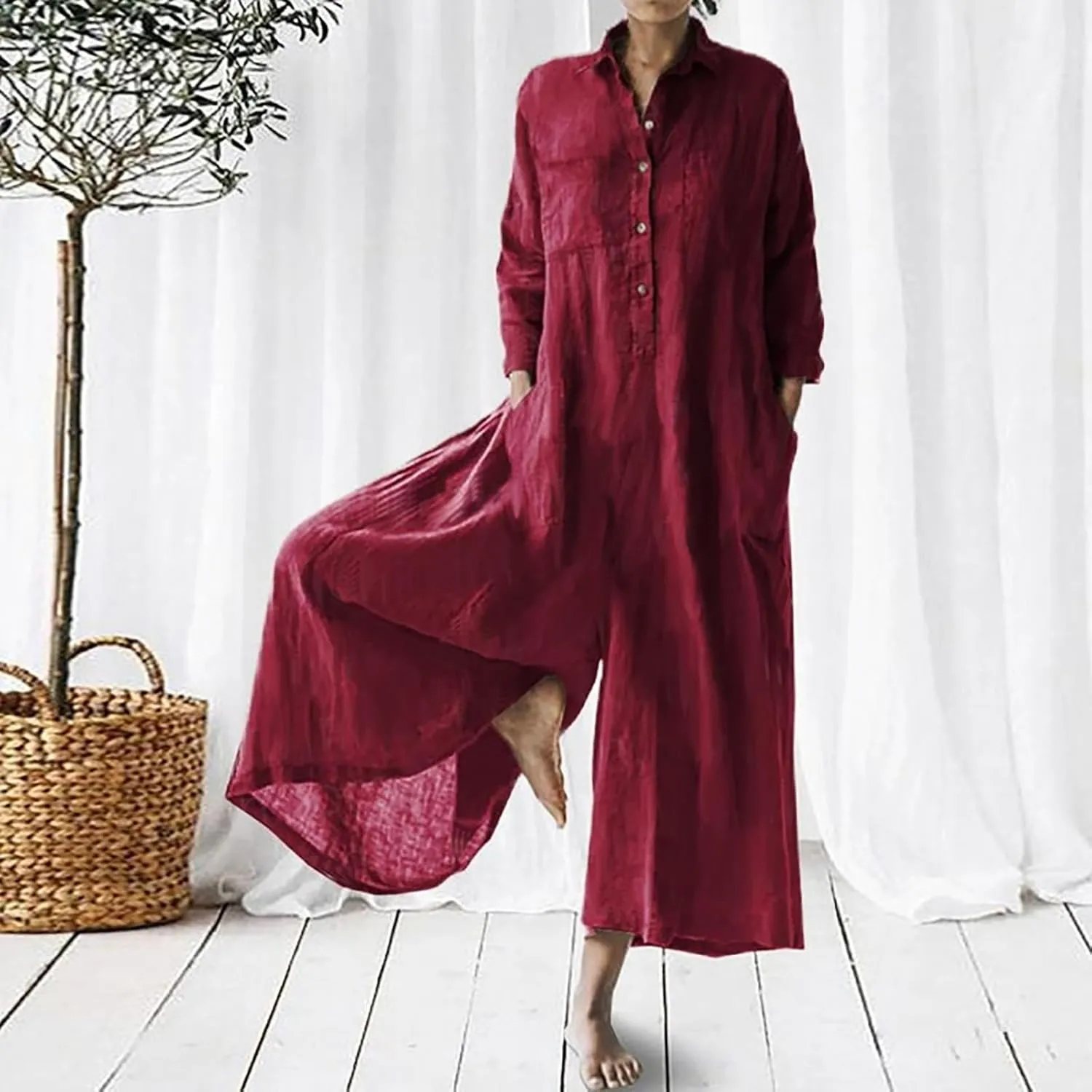 Women Coveralls Overalls Pants Catsuit for Women Linen Loose Fit Thin Flare Wide Leg Fall Summer Coveralls 2025
