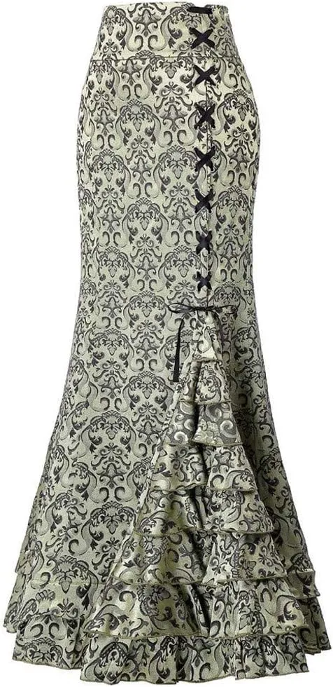 Women Gothic Skirts Victorian Vintage Ruffled Steampunk Fishtail Mermaid Skirt High Waist Bodycon Maxi Long Skirts