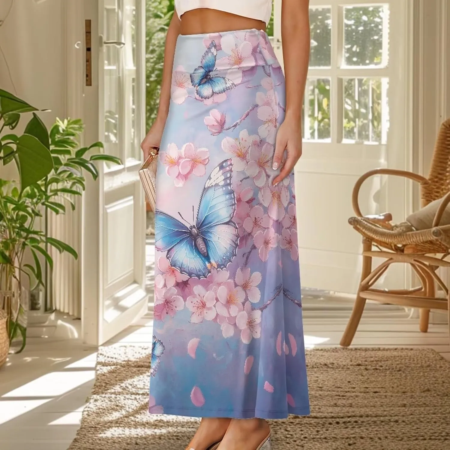 Women High Waist Elastic Long Skirts A-Line Flared Maxi Skirts Bodycon Midi Skirt Fall Skirt Pencil Skirt for Lady