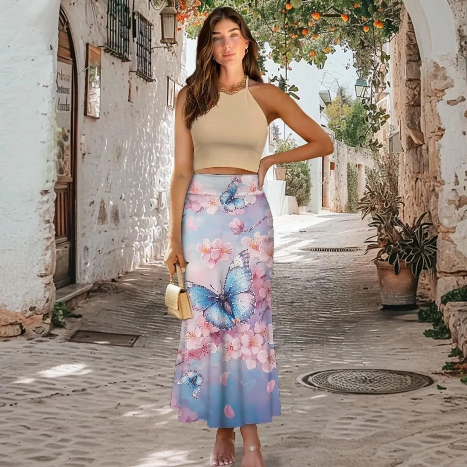 Women High Waist Elastic Long Skirts A-Line Flared Maxi Skirts Bodycon Midi Skirt Fall Skirt Pencil Skirt for Lady