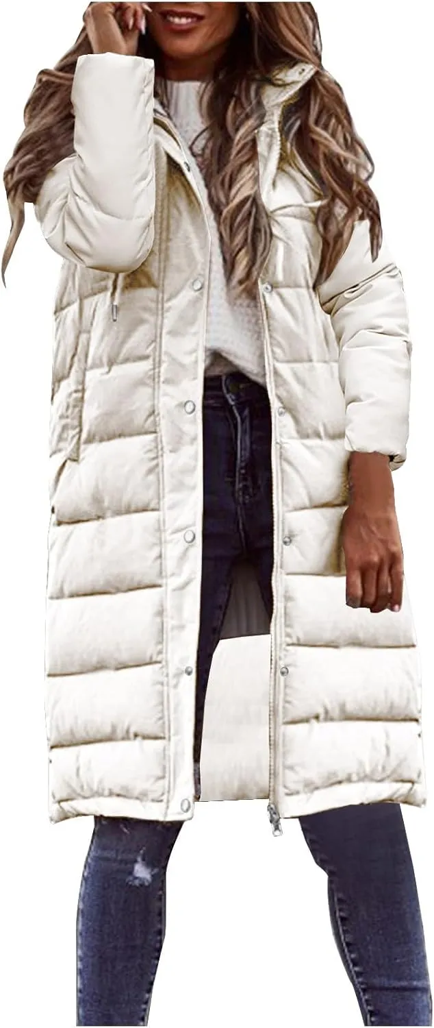 Women Long Puffer Coat Winter Warm Long Sleeve Padded Down Quilted Jackets Fashion Hooded Coats Lightweight Parka Jacket