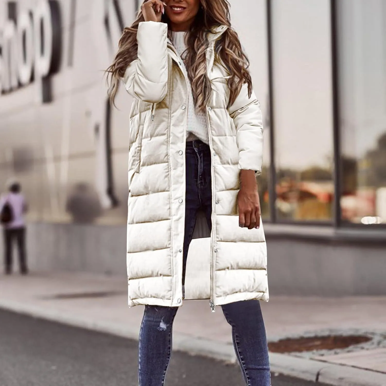 Women Long Puffer Coat Winter Warm Long Sleeve Padded Down Quilted Jackets Fashion Hooded Coats Lightweight Parka Jacket