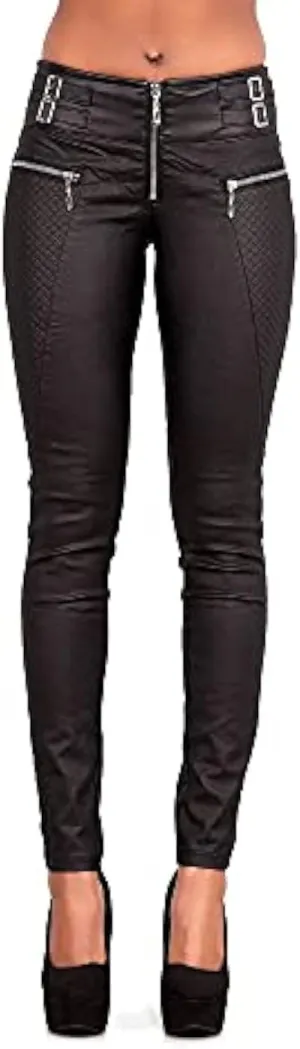 Women Mid Waist Leather Pants | Skinny Fit Faux Leather Trousers with Functional Pockets