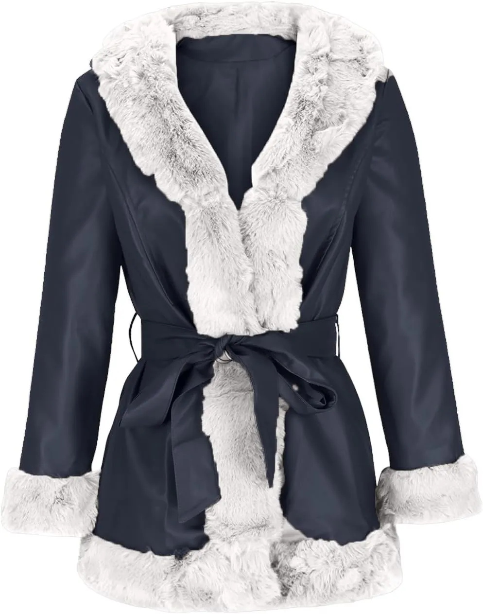 Women Plush Trim Leather Coat Fall Winter Open Front Trench Coats Slim Lace Up Jacket Dressy Casual Overcoats