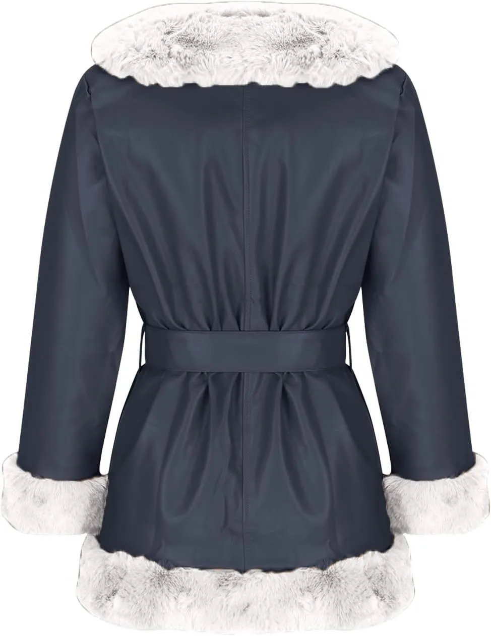 Women Plush Trim Leather Coat Fall Winter Open Front Trench Coats Slim Lace Up Jacket Dressy Casual Overcoats