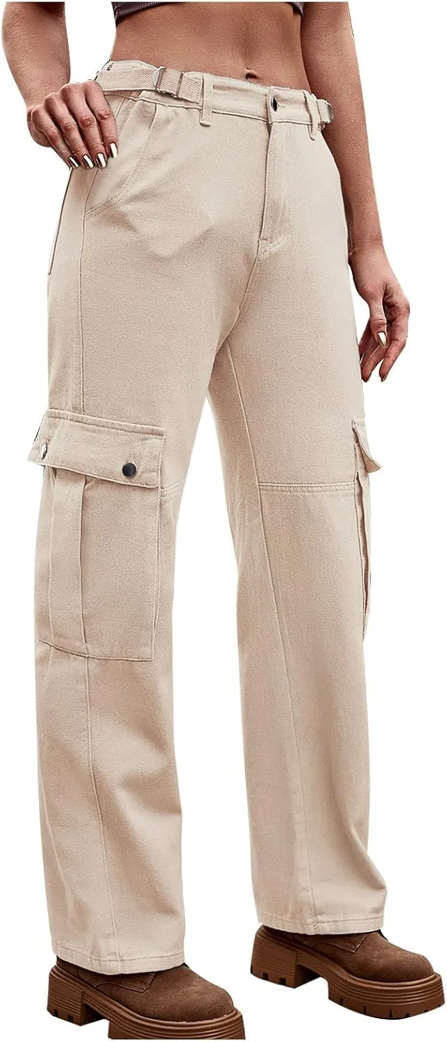 Women Pockets Mid-Rise Cargo Pants Wide Leg Casual Combat Military Trouser Stretch Straight Baggy Hiking Sweatpants