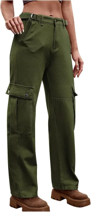 Women Pockets Mid-Rise Cargo Pants Wide Leg Casual Combat Military Trouser Stretch Straight Baggy Hiking Sweatpants