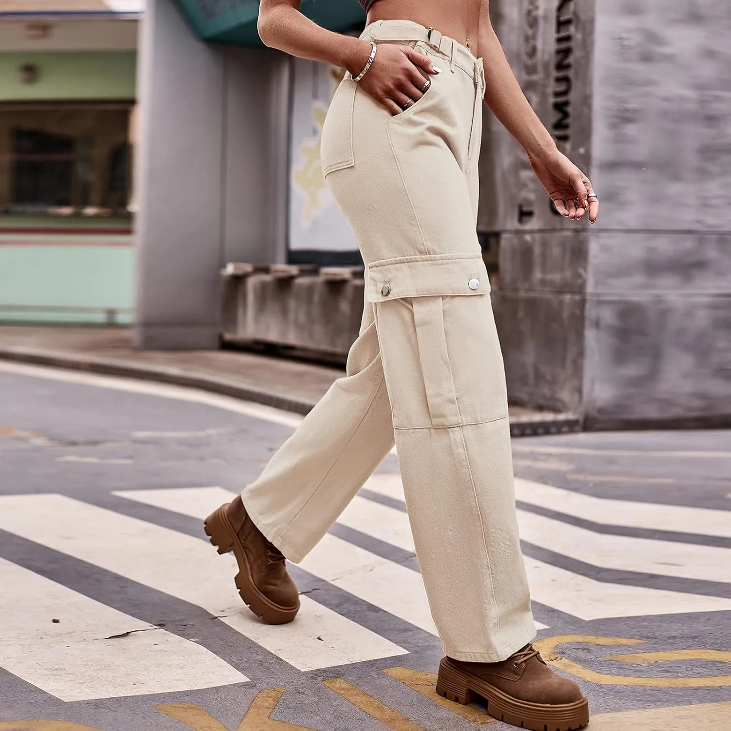Women Pockets Mid-Rise Cargo Pants Wide Leg Casual Combat Military Trouser Stretch Straight Baggy Hiking Sweatpants