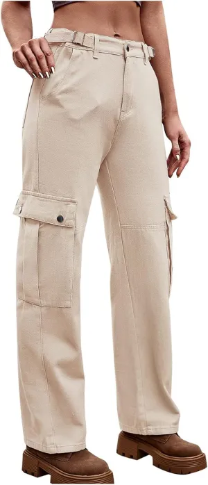 Women Pockets Mid-Rise Cargo Pants Wide Leg Casual Combat Military Trouser Stretch Straight Baggy Hiking Sweatpants