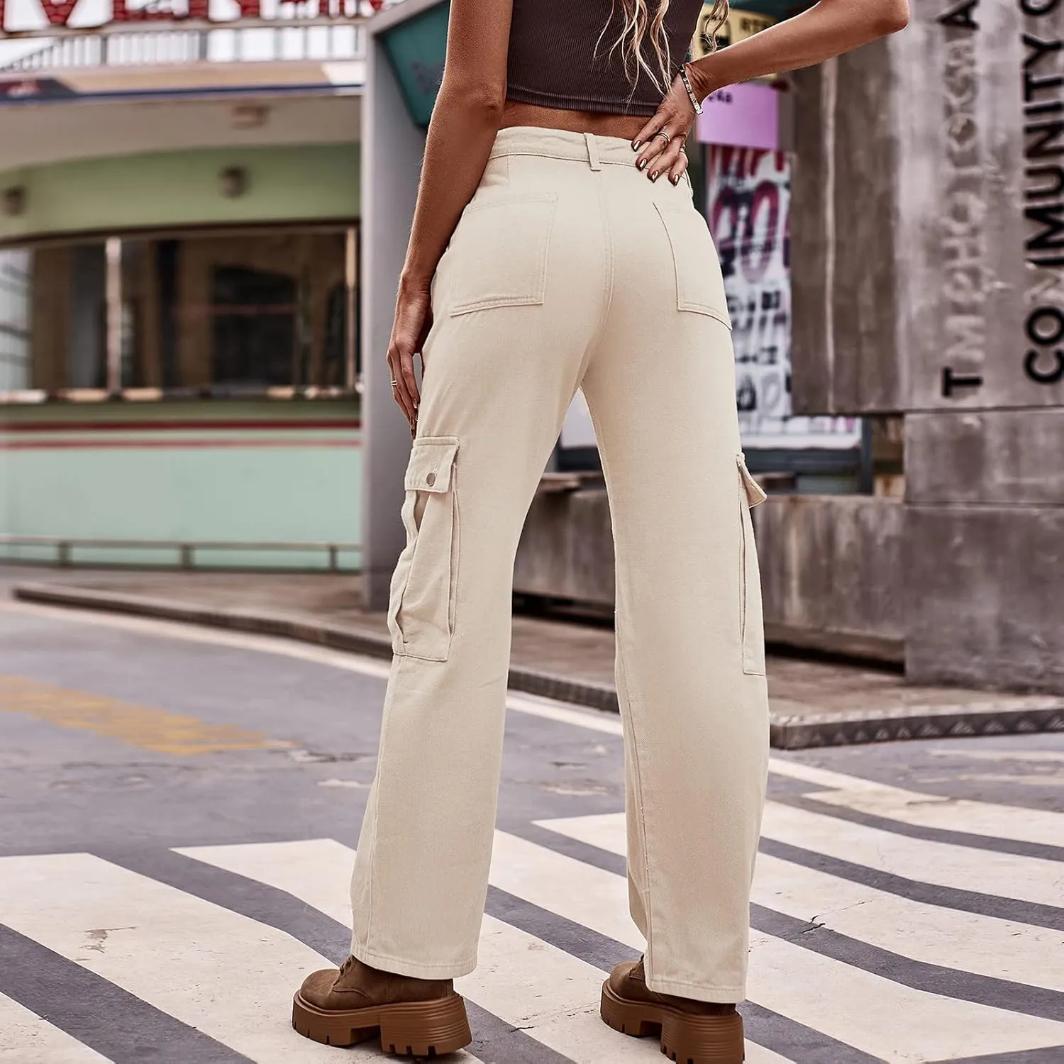 Women Pockets Mid-Rise Cargo Pants Wide Leg Casual Combat Military Trouser Stretch Straight Baggy Hiking Sweatpants