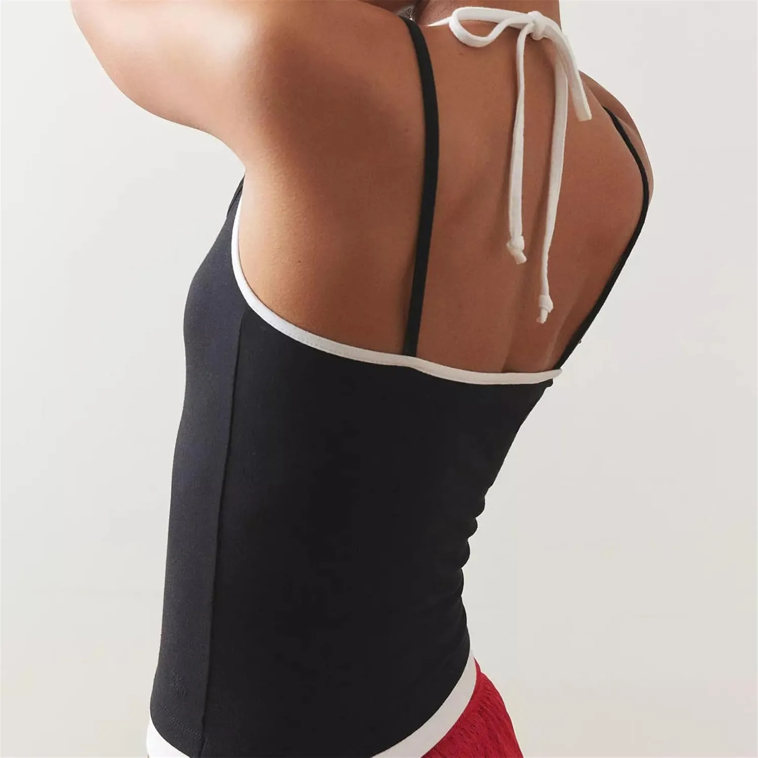 Women Sexy Bodycon Contrast Color Crop Camisole Y2k Spaghetti Strap Low Cut Halter Backless Tank Top Summer Streetwear