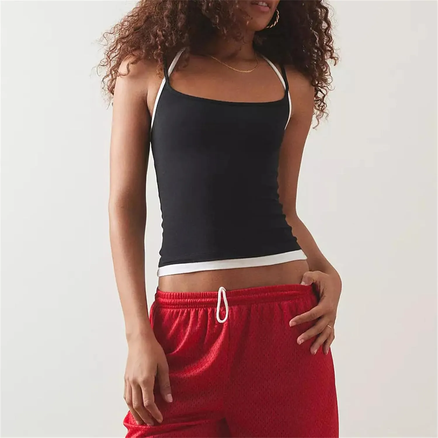 Women Sexy Bodycon Contrast Color Crop Camisole Y2k Spaghetti Strap Low Cut Halter Backless Tank Top Summer Streetwear