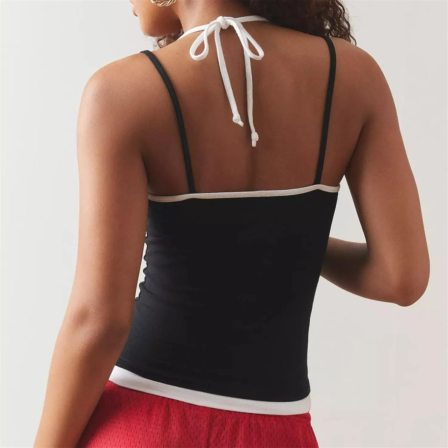 Women Sexy Bodycon Contrast Color Crop Camisole Y2k Spaghetti Strap Low Cut Halter Backless Tank Top Summer Streetwear