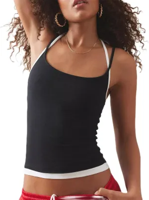 Women Sexy Bodycon Contrast Color Crop Camisole Y2k Spaghetti Strap Low Cut Halter Backless Tank Top Summer Streetwear