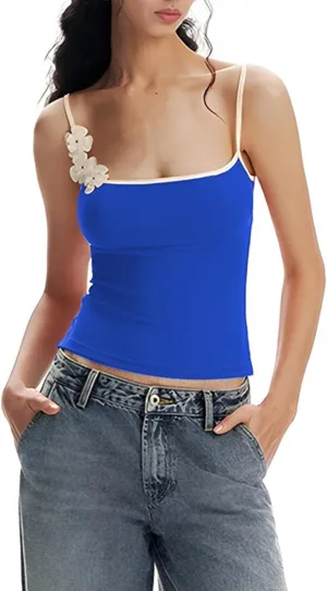 Women Sexy Bodycon Contrast Color Crop Camisole Y2k Spaghetti Strap Low Cut Halter Backless Tank Top Summer Streetwear