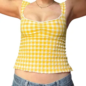 Women Summer Camisole Sleeveless Low-Cut Backless Plaid Tops Lace Trim Slim Fit Vest