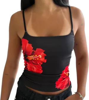 Women Summer Camisole Y2K Floral Print Slim Fitted Sleeveless Aesthetic Going Out Cami Tops