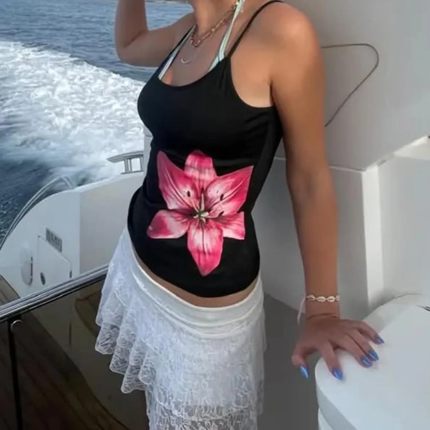 Women Summer Camisole Y2K Floral Print Slim Fitted Sleeveless Aesthetic Going Out Cami Tops