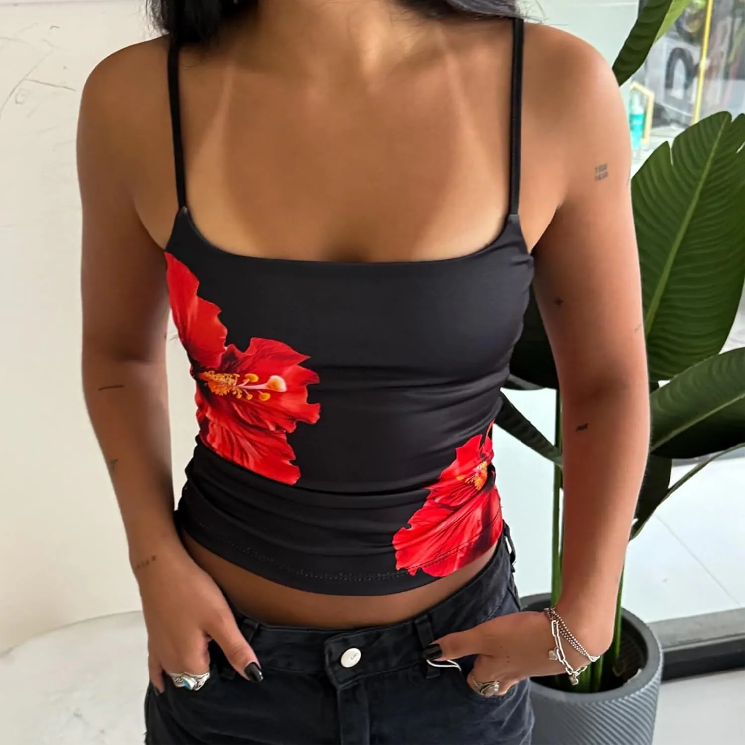 Women Summer Camisole Y2K Floral Print Slim Fitted Sleeveless Aesthetic Going Out Cami Tops