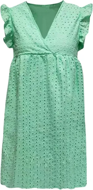 Women Summer Casual Wrap V-Neck Lace Hollow Out Ruffle Sleeveless Swing A-Line Party Birthday Babydoll Cute Mini Dresses