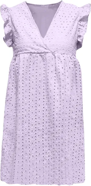 Women Summer Casual Wrap V-Neck Lace Hollow Out Ruffle Sleeveless Swing A-Line Party Birthday Babydoll Cute Mini Dresses